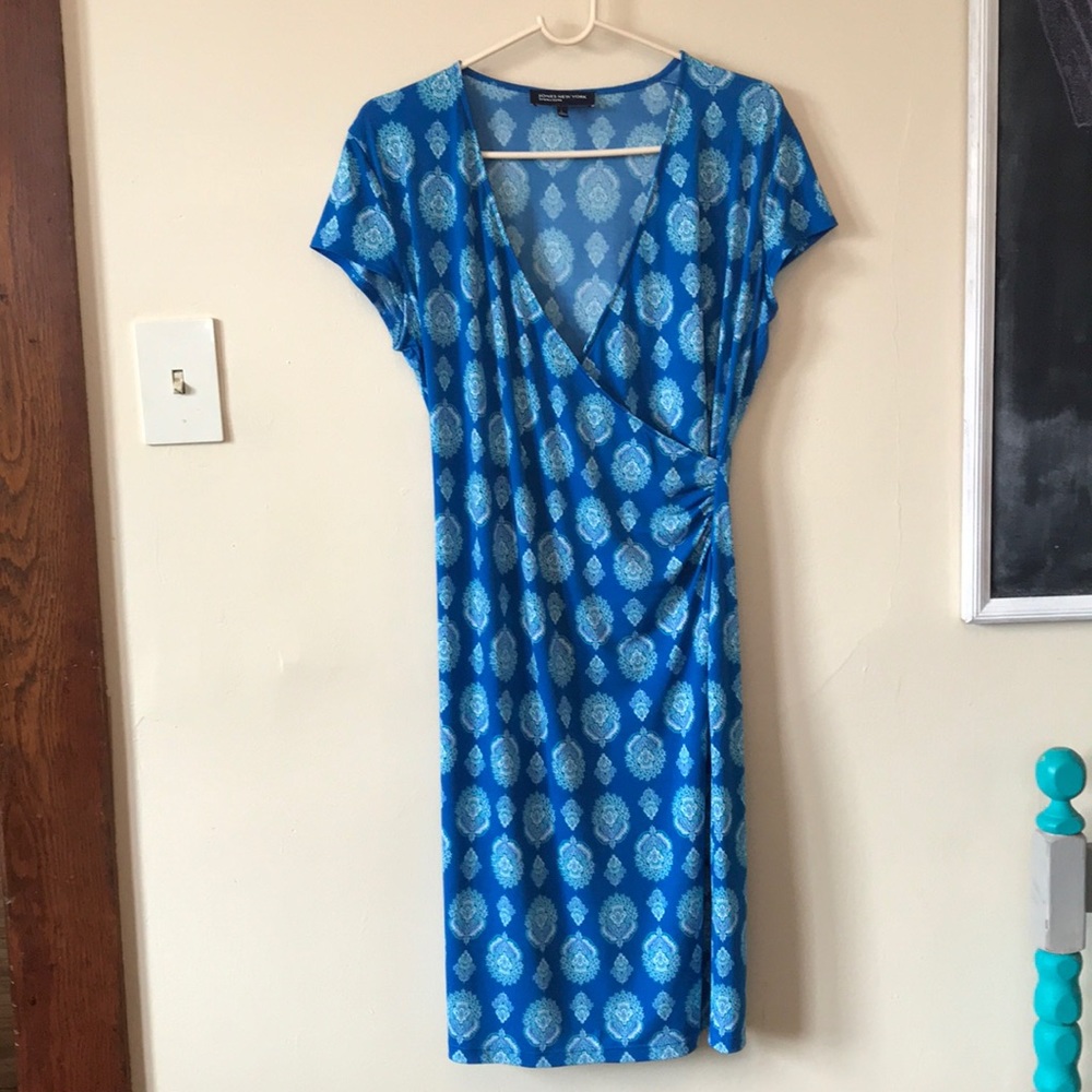 Jones New York Blue Patterned Midi Wrap Dress